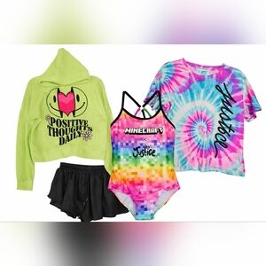 Justice 4-Piece Girls Bundle Size L  Hoodie, Tee, Shorts & Minecraft Swimsuit